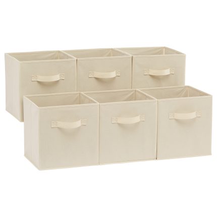 Collapsible Fabric Storage Cubes Organizer with Handles, Sturdy, Beige, 10.5-x-10.5-x-11-inch, Pack of 6
