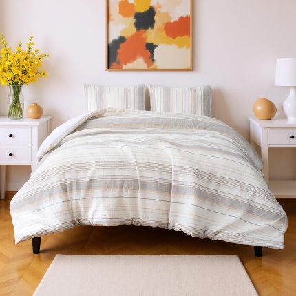 Comforter Set, 3-Piece Jacquard Microfiber Comforter and 2 Pillow Shams, All-Season Bedding, King, Beige Striped